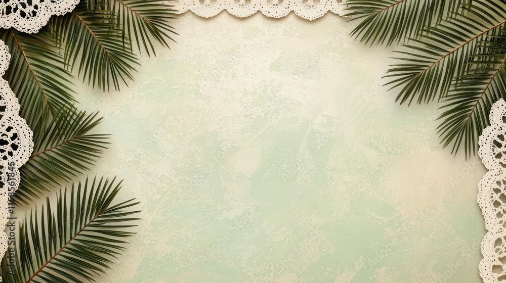 Poster palm leaves abstract background concept. beautiful green background framed with palm leaves and deli