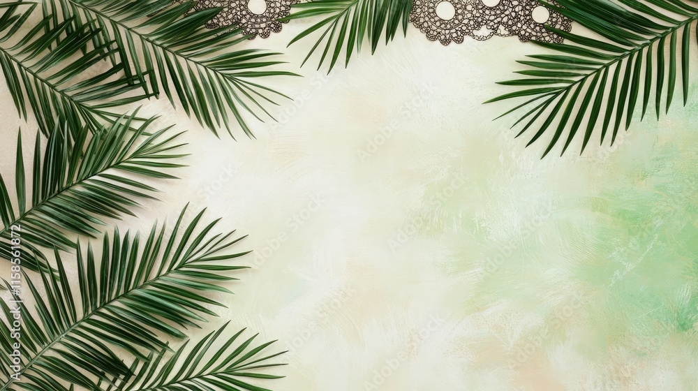 Poster palm leaves abstract background concept. a serene background featuring lush green palm leaves and a 