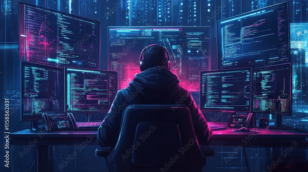 Poster hacker working late night with multiple monitors
