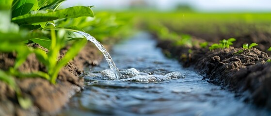 Fototapeta premium Water flowing through irrigation channel in lush green agricultural field under bright sunlight
