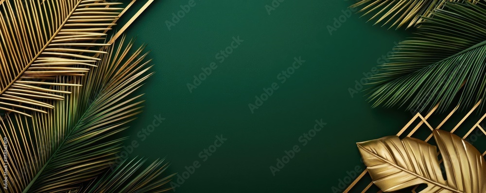 Poster palm leaves abstract background concept. elegant golden leaves frame a dark green background for a l