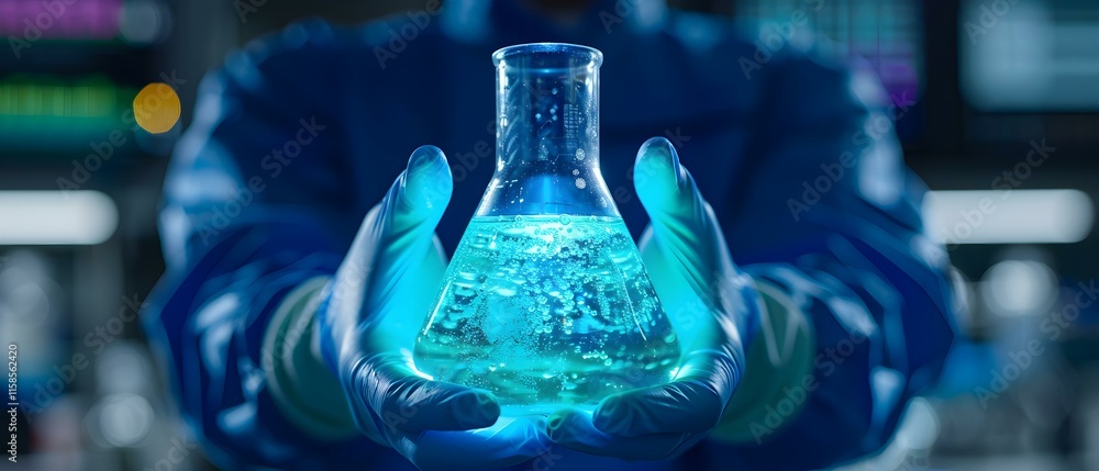 Poster scientist holding flask with glowing liquid in lab environment during chemistry experiment