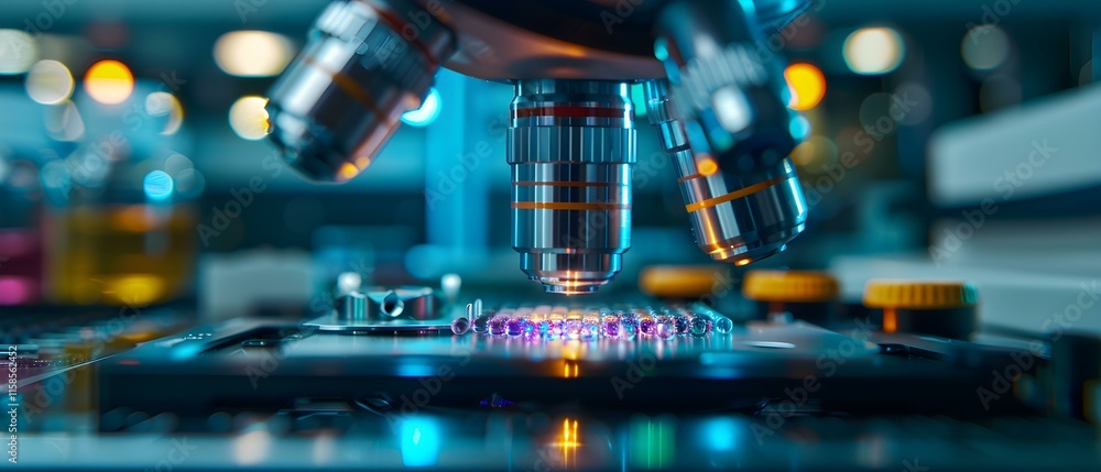 Aufkleber close-up of microscope lens focusing on sample with colorful light effects in laboratory environment