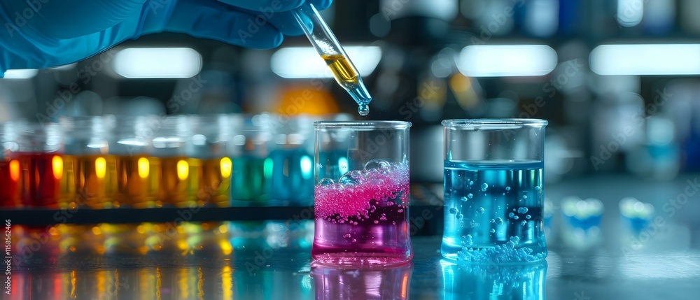 Poster colorful chemical experiment with pipette dropping liquid into beaker in lab environment with bokeh 
