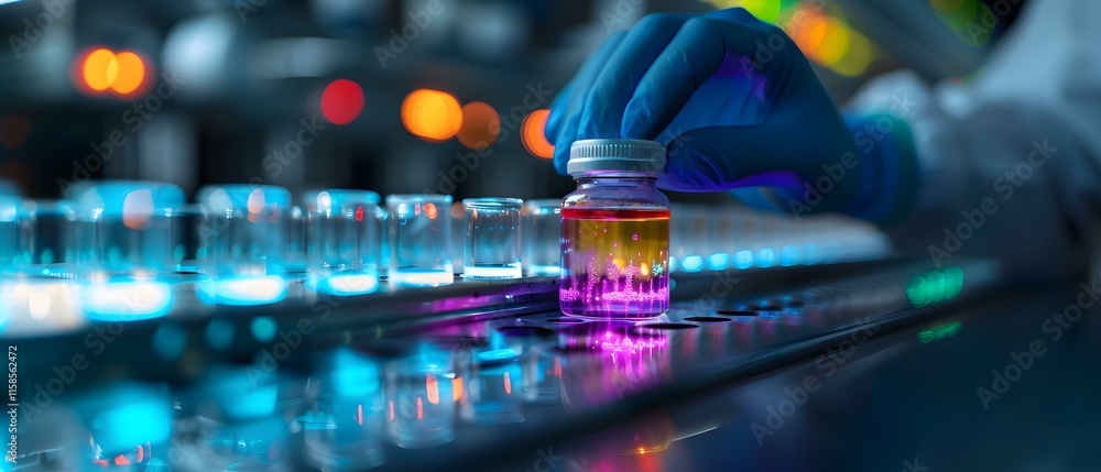 Poster lab technician holding vial with vibrant liquid in a high-tech laboratory setting with glowing light