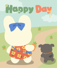 Cute Rabbit and dog walking illustration