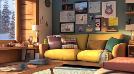 cozy living room featuring bright yellow sofa, vision board, and warm decor. space is inviting, perfect for relaxation and inspiration