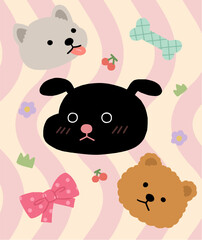 Cute puppy face character illustration on striped background