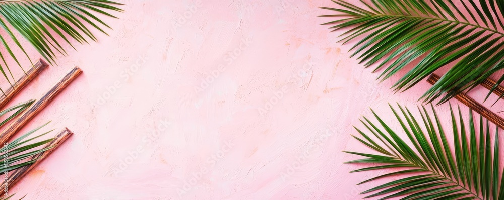 Poster palm leaves abstract background concept. tropical palm leaves frame a soft pink background for a vib