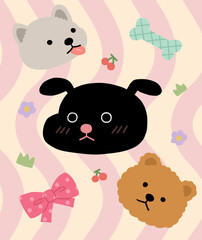 Cute puppy face character illustration on striped background