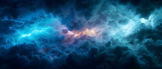 Dramatic Stormy Clouds with Lightning and Electric Blue Illumination Over a Dark Atmospheric Sky