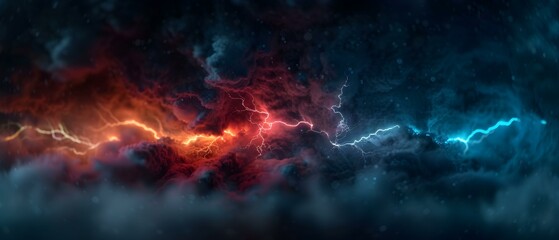 Dramatic Lightning Strikes Illuminating Dark Storm Clouds in Vibrant Colors of Red and Blue