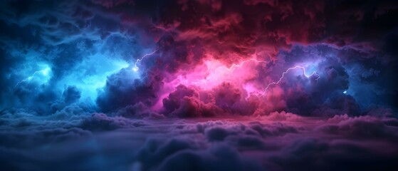 Fototapeta premium Dramatic Lightning Storm Over Colorful Clouds with Pink and Blue Hues at Dusk
