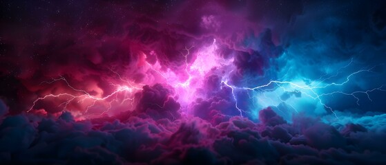Dramatic Lightning Strikes Through Colorful Clouds at Dusk Amidst Cosmic Atmosphere