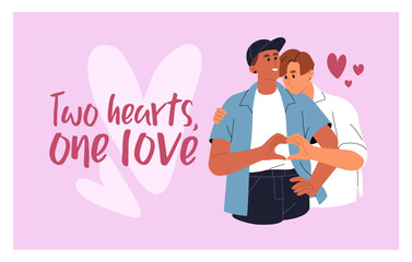 Valentine's Day card design. Romantic couple of gays hugs on template of 14 February postcard. Happy lovers, LGBT beloveds love each other, hug, gesturing heart together. Flat vector illustration