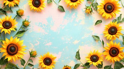 Obraz premium Bright and Cheerful Sunflowers Framed on Soft Blue Background Creating a Vibrant Floral Display for Creative Projects and Celebrations