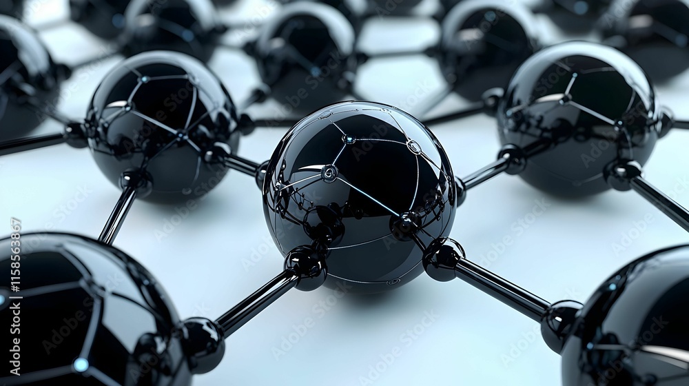 Poster black spheres interconnected by thin lines on a white background, symbolizing unity and complexity i
