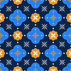 Tile curve shape with sun inside and diamond at the corner all-over seamless pattern on navy blue background.