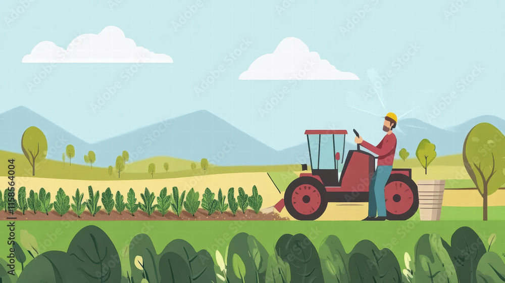 Aufkleber farmer using sustainable practices in field with tractor, surrounded by crops and mountains. scene r