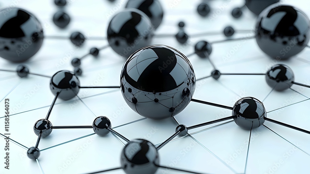 Aufkleber connected black spheres on a white background, intricate lines forming a network, modern design, abs