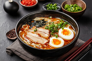 Delicious Japanese ramen bowl with pork, boiled egg, green onions, and seaweed served in a traditional black bowl, showcasing authentic Asian cuisine and gourmet dining inspiration