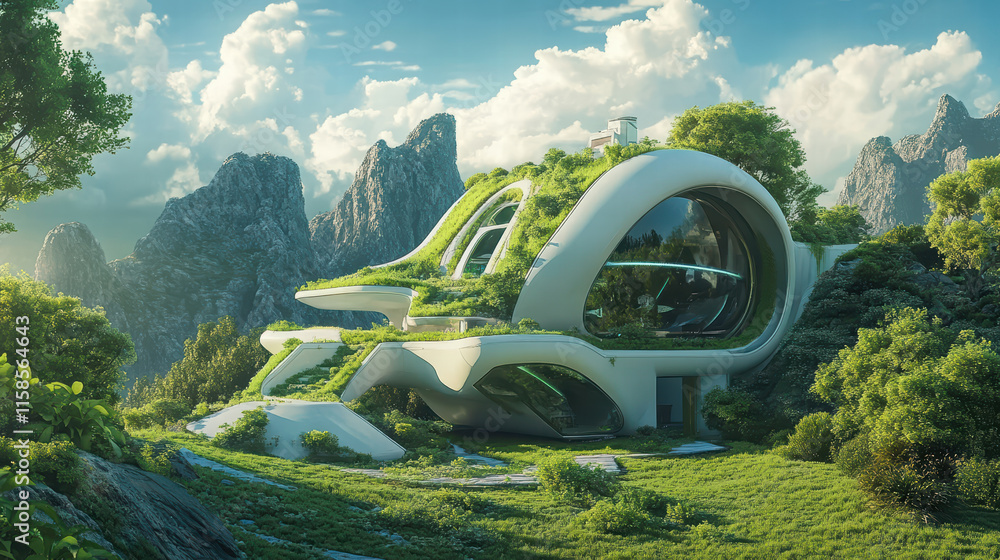 Poster futuristic home with energy efficient features, surrounded by lush greenery and mountains. this inno