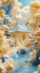 Fototapeta premium Paper art garden house landscape illustration poster background