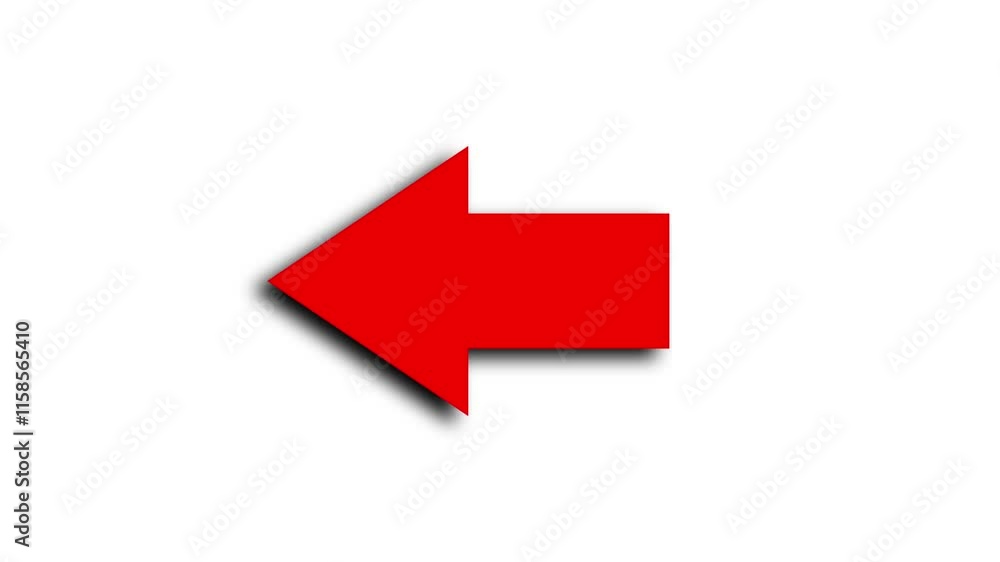 Poster left arrow sign symbol with shadow animation on white background, red color arrow pointing left 4k a