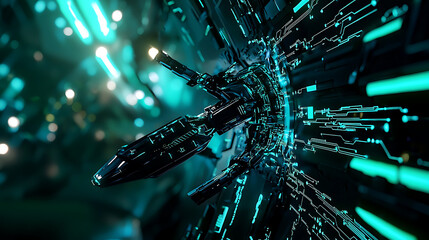 A spaceship is flying through a tunnel with a green background. generated using AI