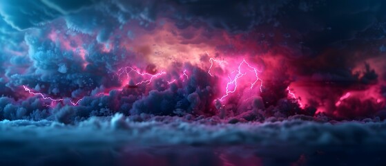 Dramatic Lightning Strikes Over a Colorful Cloudy Sky with Shades of Pink, Blue, and Purple during a Thunderstorm Scene