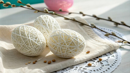 Fototapeta premium Easter eggs made of white threads, neatly tied and starched, lying on light linen fabric. Handmade items for holiday decor or events dedicated to Easter.