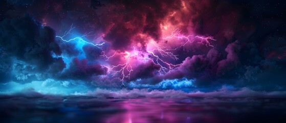 Fototapeta premium Colorful Thunderstorm Over Ocean with Dramatic Clouds and Lightning Strikes in a Night Sky