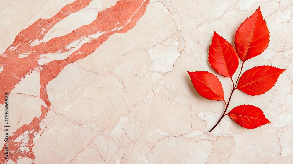 Poster rose leaves abstract background concept. a vibrant red leaf rests on a textured marble surface, crea