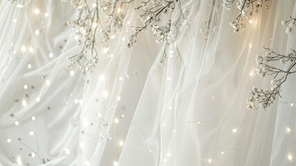 White tulle fabric hanging from the ceiling, silver foil garland and string lights