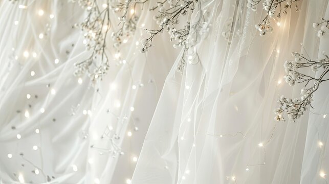 White tulle fabric hanging from the ceiling, silver foil garland and string lights