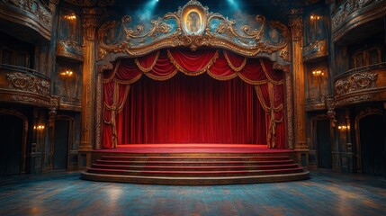 Grand cabaret stage with red velvet curtains and dramatic lighting
