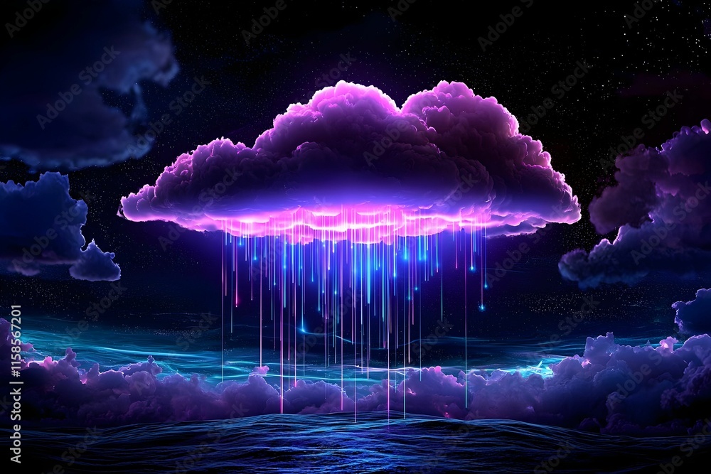 Poster vibrant digital artwork depicting interconnected cloud computing networks, showcasing data flow and 
