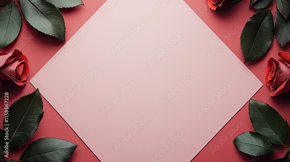 Poster rose leaves abstract background concept. a romantic arrangement of roses surrounding a blank canvas 