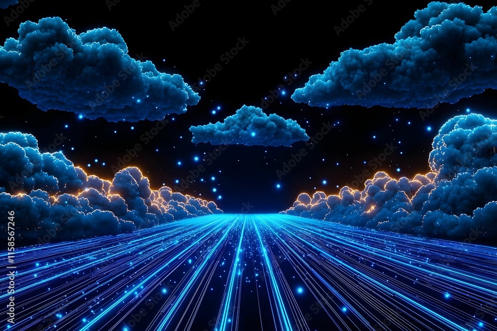 Poster vibrant digital artwork depicting interconnected cloud computing networks, showcasing data flow, tec