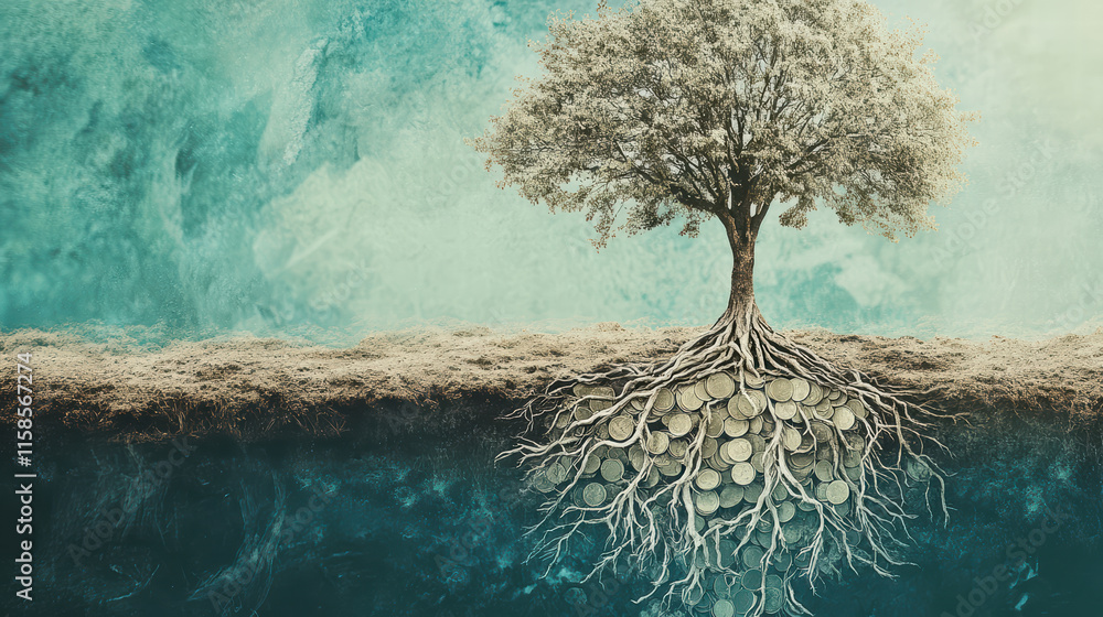 Poster visual metaphor of tree with roots made of coins, symbolizing wealth and growth. serene background e