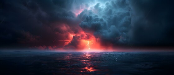 Dramatic Sunset Over Turbulent Sea with Lightning and Dark Clouds Illuminating the Horizon