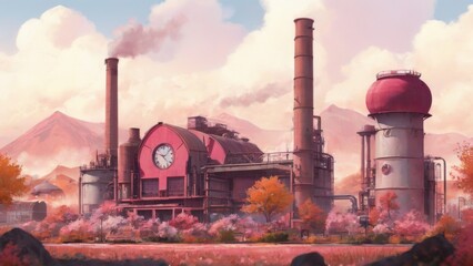 Industrial Landscape with Pink Building and Red Dome, Mountains in Background  Peaceful and Serene Atmosphere
