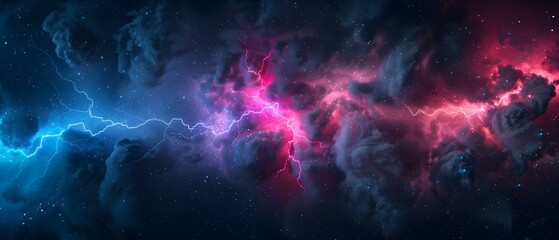 Dramatic Cosmic Thunderstorm with Vibrant Lightning and Deep Colorful Nebulae in Vast Space