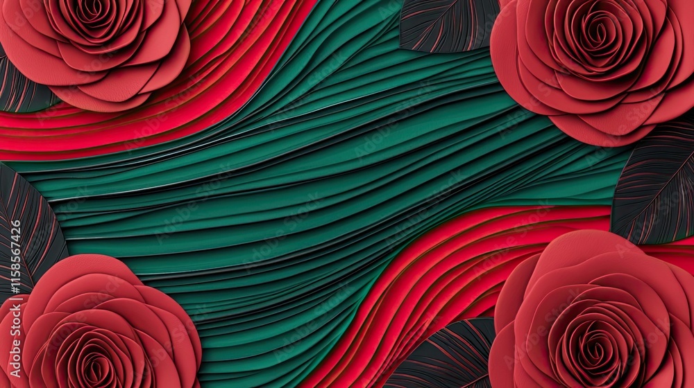Aufkleber rose leaves abstract background concept. beautiful red paper roses on a textured green background cr