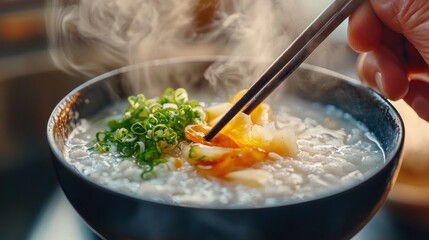 Steaming bowl of rice porridge with egg and scallions, chopsticks lifting a portion.