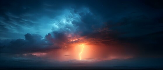 Fototapeta premium Dramatic Sky with Lightning Strike at Sunset Surrounded by Dark Storm Clouds and Glowing Atmospheric Colors