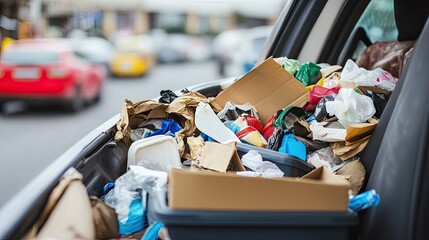 Overflowing Trash in Vehicle with Urban Setting and Busy Background