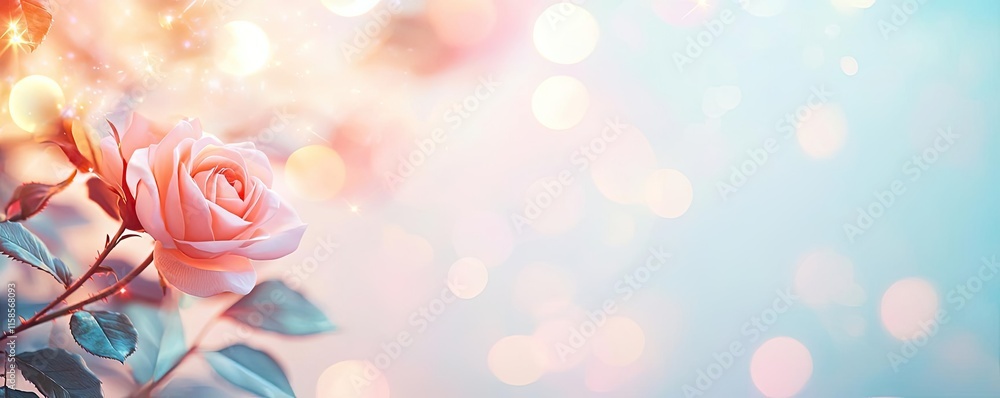 Poster rose leaves abstract background concept. a beautiful pink rose with soft bokeh lights in the backgro