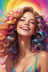 Obraz premium Rainbow woman. A beautiful woman with colorful wavy hair on artistic rainbow background.