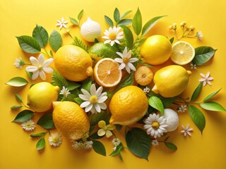 3D Lemon Flower Leaf Still Life Wide Angle Yellow Background - Vibrant Summer Fruit Floral Wallpaper